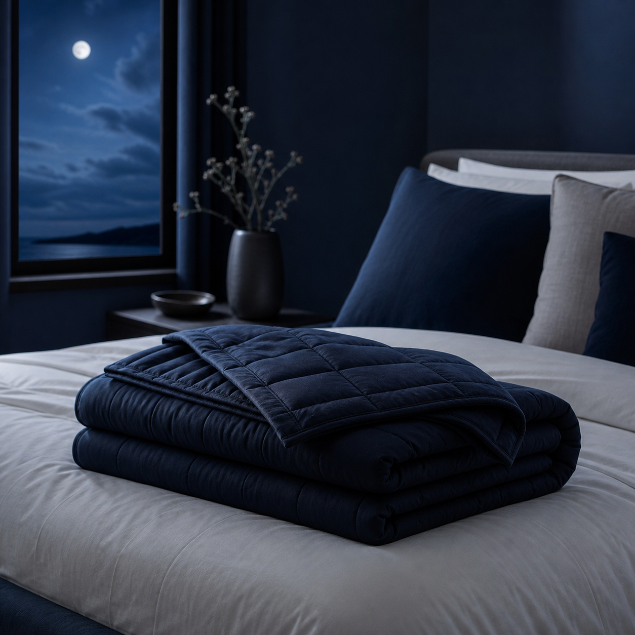 SOMNIA weighted comfort blanket on a calm midnight-blue bed