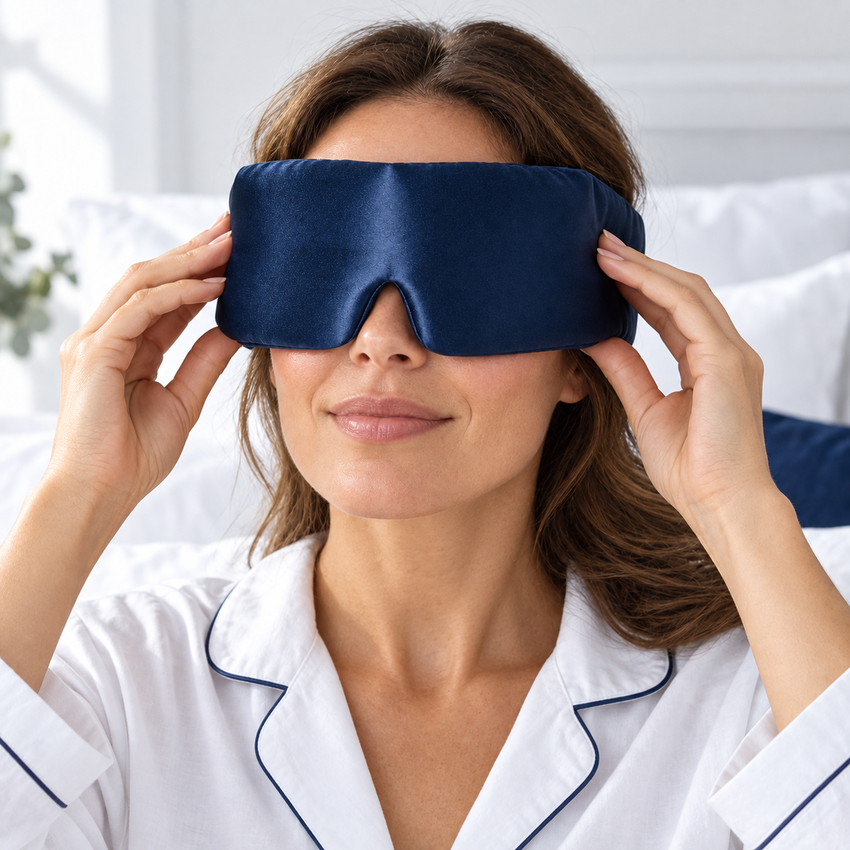 Positioning the soft DreamHalo wraparound sleep mask