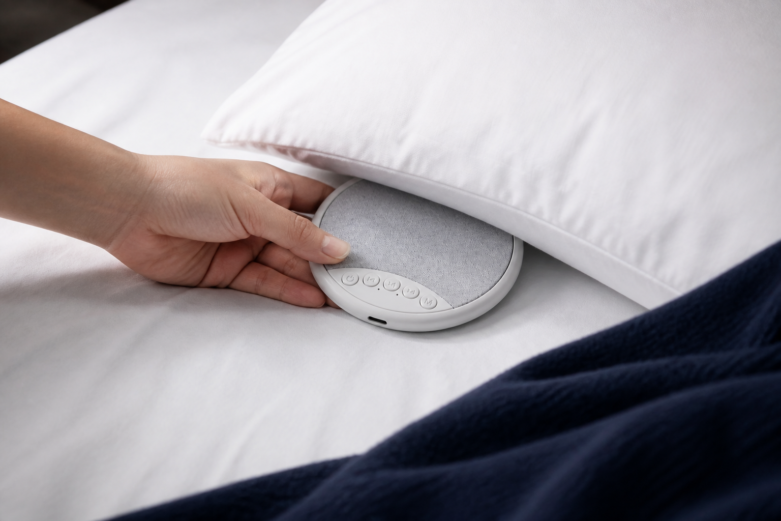 DreamBeam Grey speaker positioned beneath a pillow near the sleeper's ear