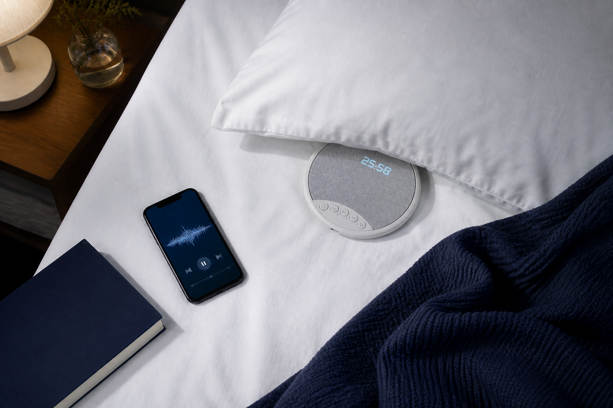 DreamBeam Grey pillow speaker beside a book during a bedtime wind-down routine